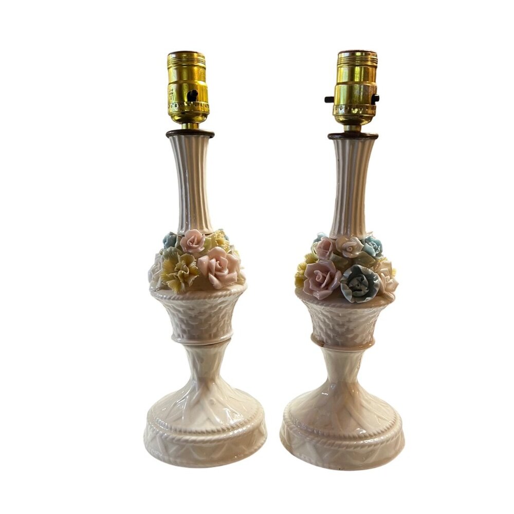 Vintage Porcelain Bedside Table Lamps 3D Rose Buds‎ Tested